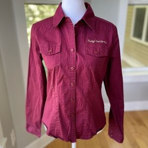 Harley Davidson Burgundy Stretch Cotton Fitted Button Down Shirt Size Medium